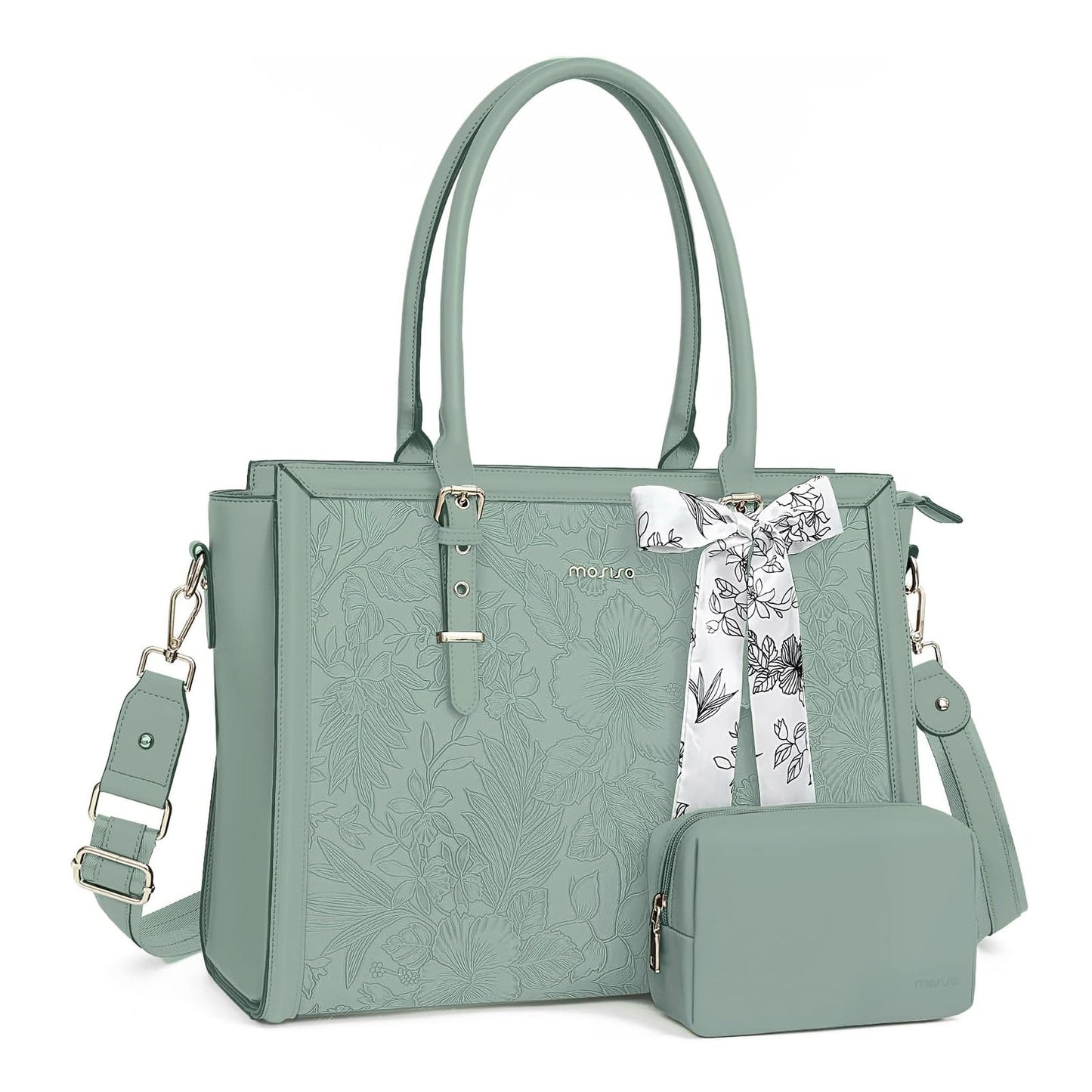 MOSISO Laptop Bag for Women, PU Leather Tote Bag, Front Embossed Retro Hibiscus Computer Bags with Silk Scarf&Clutch Purse