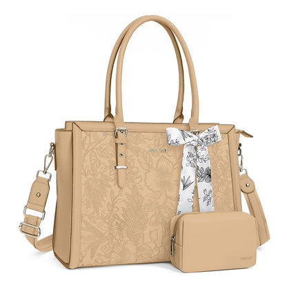 MOSISO Laptop Bag for Women, PU Leather Tote Bag, Front Embossed Retro Hibiscus Computer Bags with Silk Scarf&Clutch Purse