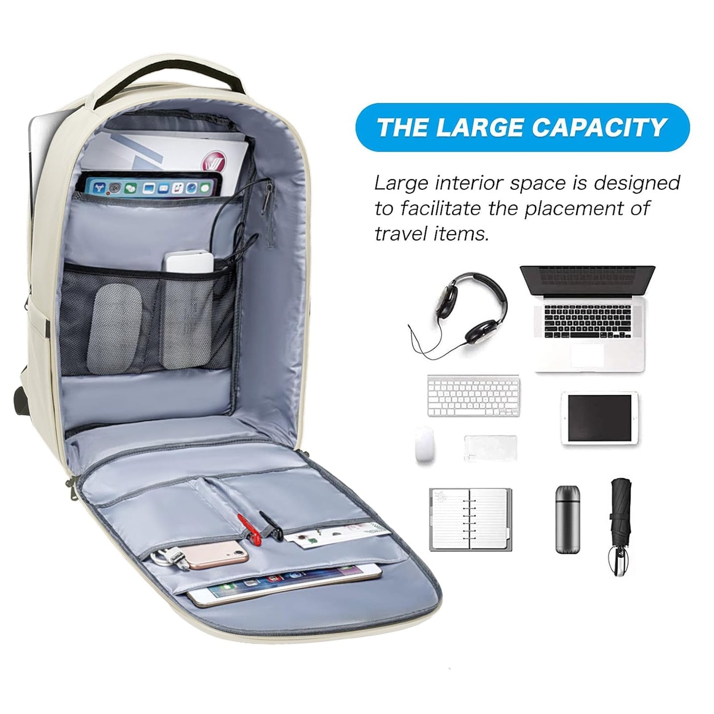 MOSISO 15.6-16 inch 35L Laptop Backpack with USB Charging Port for Women Men, Waterproof Hardshell Travel Business Computer Bag, Anti-Theft Daypack with Luggage Strap, Beige iMosiso