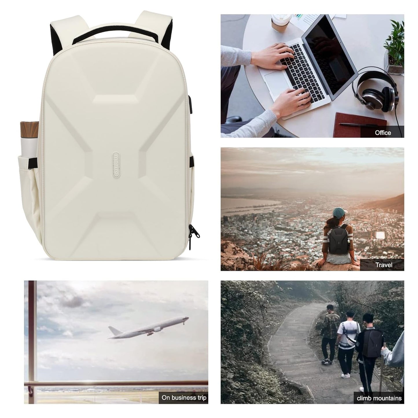 MOSISO 15.6-16 inch 35L Laptop Backpack with USB Charging Port for Women Men, Waterproof Hardshell Travel Business Computer Bag, Anti-Theft Daypack with Luggage Strap, Beige iMosiso