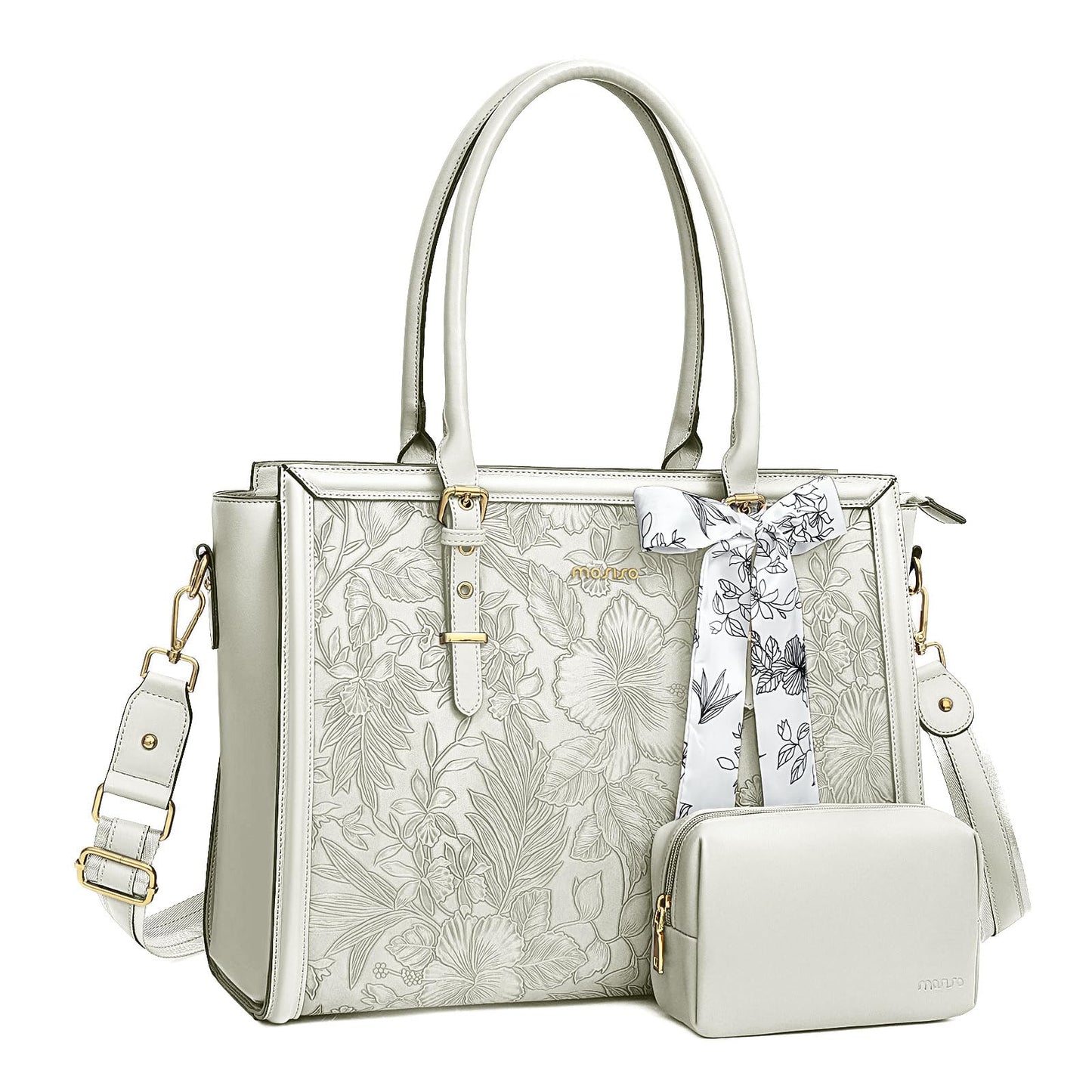 MOSISO Laptop Bag for Women, PU Leather Tote Bag, Front Embossed Retro Hibiscus Computer Bags with Silk Scarf&Clutch Purse