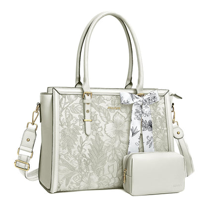 MOSISO Laptop Bag for Women, PU Leather Tote Bag, Front Embossed Retro Hibiscus Computer Bags with Silk Scarf&Clutch Purse