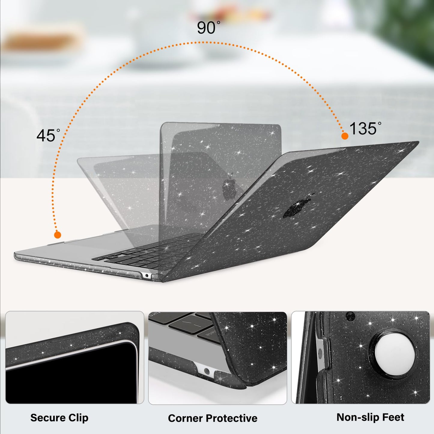 MOSISO Compatible with MacBook Air 15 inch Case 2025 2024 2023 Release M4 A3241 M3 A3114 M2 A2941, Sparkly Glitter Plastic Hard Shell&Keyboard Cover&Screen Protector&Webcam Cover&Type C, Black