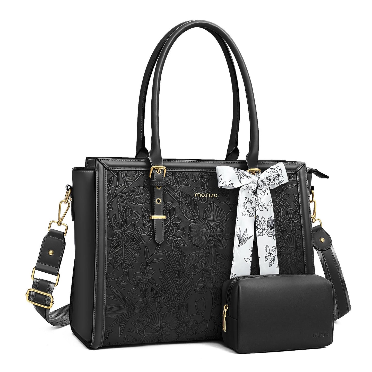 MOSISO Laptop Bag for Women, PU Leather Tote Bag, Front Embossed Retro Hibiscus Computer Bags with Silk Scarf&Clutch Purse