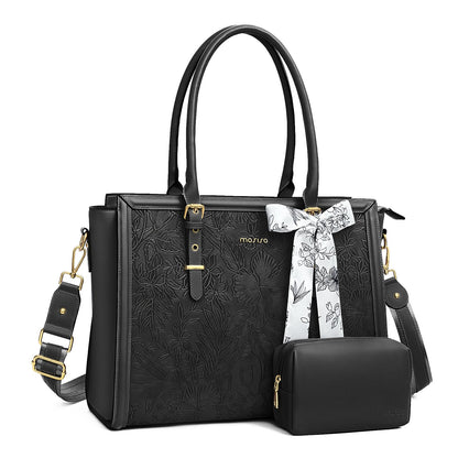 MOSISO Laptop Bag for Women, PU Leather Tote Bag, Front Embossed Retro Hibiscus Computer Bags with Silk Scarf&Clutch Purse