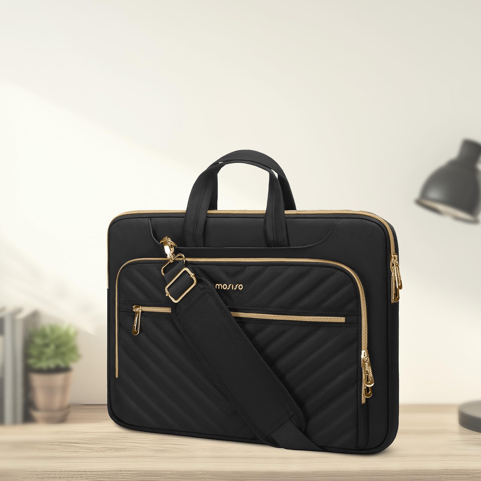 MOSISO 360 Protective Laptop Shoulder Bag,13-15.6 inch Computer Bag Compatible with MacBook Pro 14-16, HP, Dell, Asus Notebook,Messenger Briefcase with Front Quilted Raised Horizontal Pockets, Black iMosiso