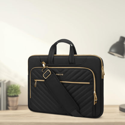 MOSISO 360 Protective Laptop Shoulder Bag,13-15.6 inch Computer Bag Compatible with MacBook Pro 14-16, HP, Dell, Asus Notebook,Messenger Briefcase with Front Quilted Raised Horizontal Pockets, Black iMosiso