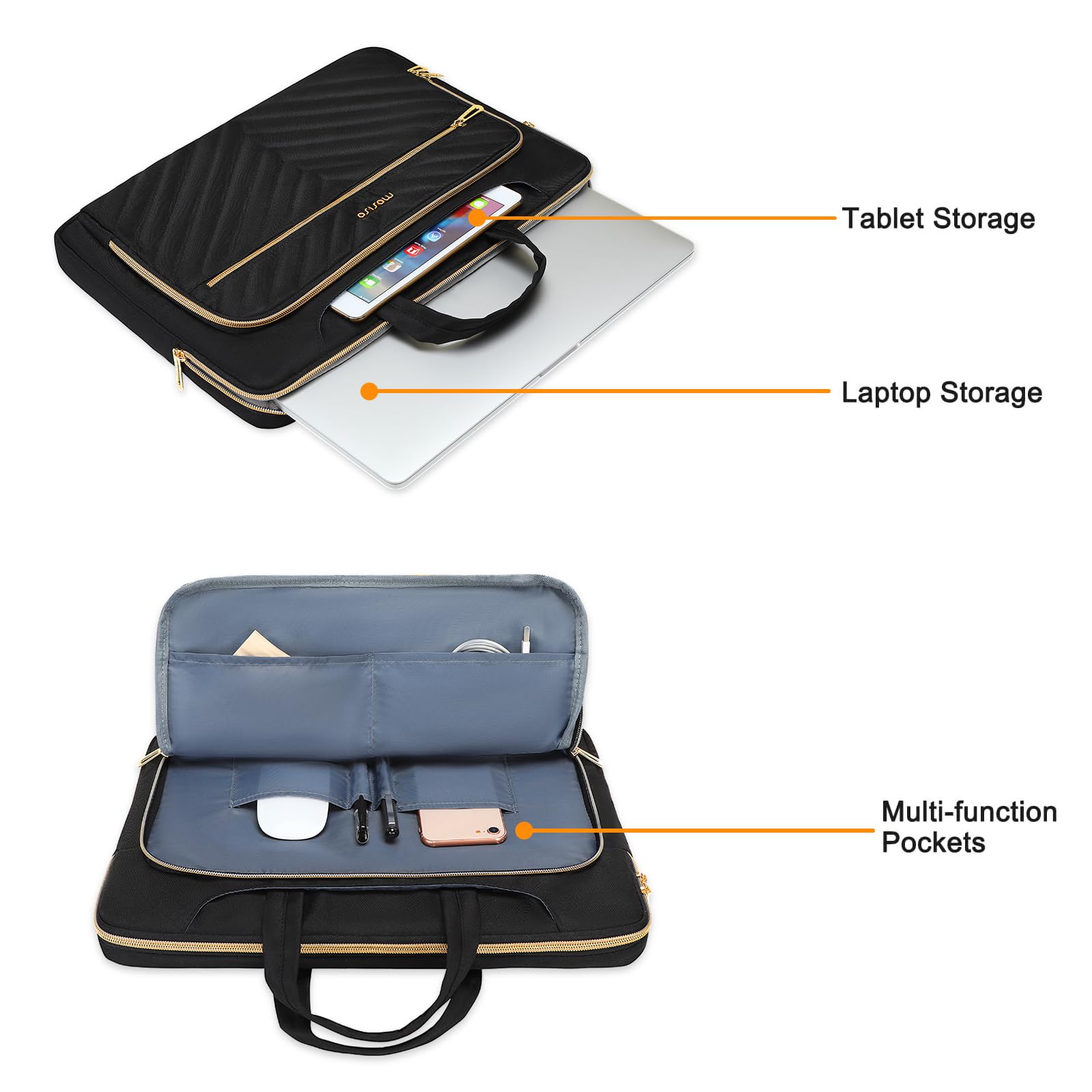 MOSISO 360 Protective Laptop Shoulder Bag,13-15.6 inch Computer Bag Compatible with MacBook Pro 14-16, HP, Dell, Asus Notebook,Messenger Briefcase with Front Quilted Raised Horizontal Pockets, Black iMosiso