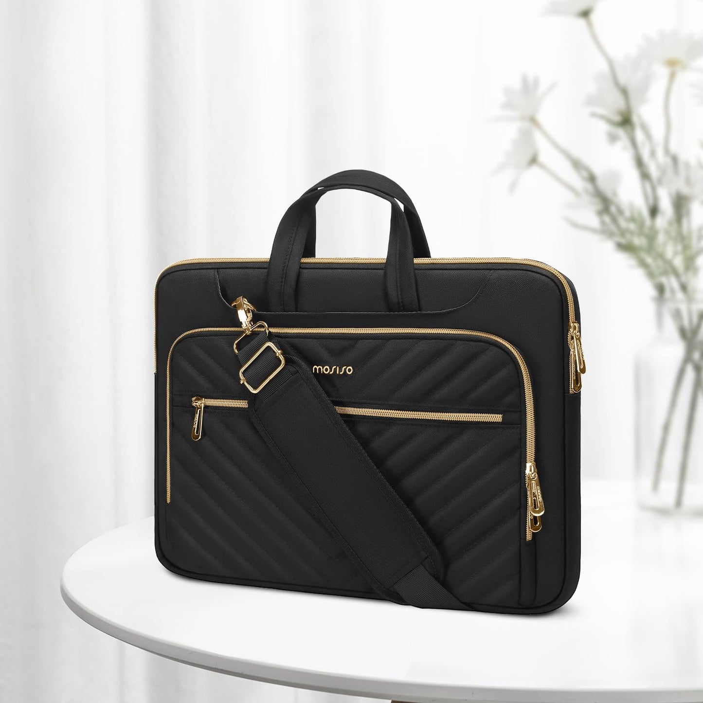 MOSISO 360 Protective Laptop Shoulder Bag,13-15.6 inch Computer Bag Compatible with MacBook Pro 14-16, HP, Dell, Asus Notebook,Messenger Briefcase with Front Quilted Raised Horizontal Pockets, Black iMosiso