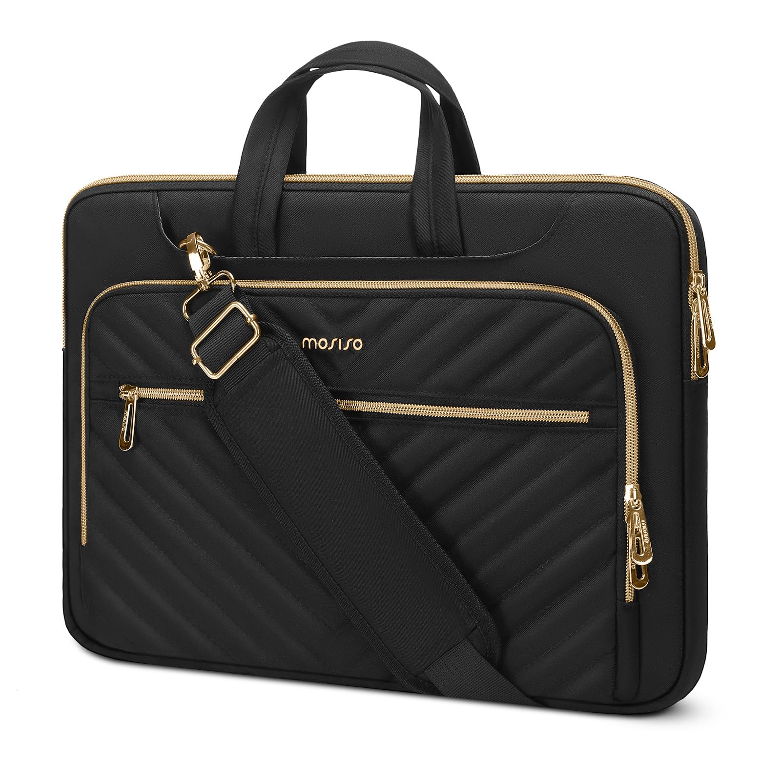 MOSISO 360 Protective Laptop Shoulder Bag,13-15.6 inch Computer Bag Compatible with MacBook Pro 14-16, HP, Dell, Asus Notebook,Messenger Briefcase with Front Quilted Raised Horizontal Pockets, Black iMosiso