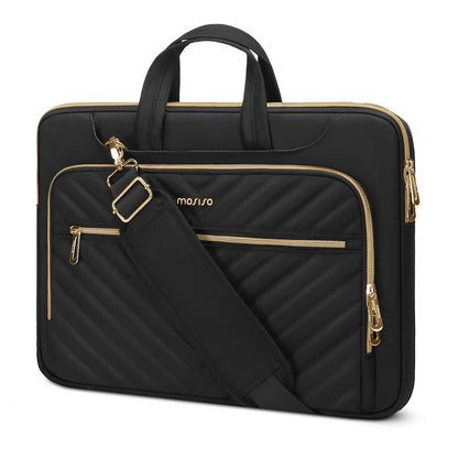 MOSISO 360 Protective Laptop Shoulder Bag,13-15.6 inch Computer Bag Compatible with MacBook Pro 14-16, HP, Dell, Asus Notebook,Messenger Briefcase with Front Quilted Raised Horizontal Pockets, Black iMosiso