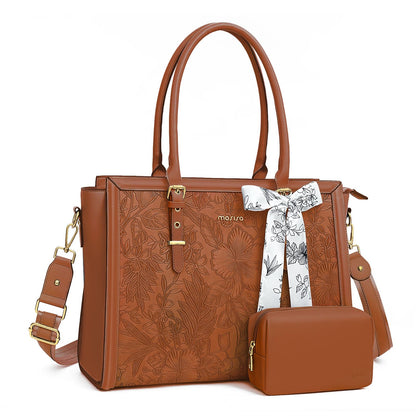 MOSISO Laptop Bag for Women, PU Leather Tote Bag, Front Embossed Retro Hibiscus Computer Bags with Silk Scarf&Clutch Purse