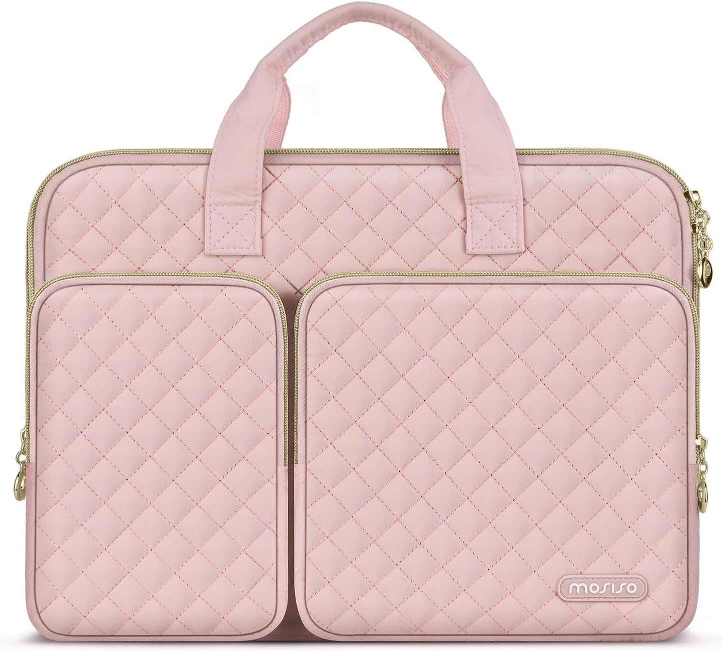 MOSISO 360 Protective Laptop Case 13.3 inch, 13-13.3 inch Laptop Sleeve Compatible with MacBook Air/Pro 13/Pro 14,HP Dell ASUS Lenovo, Square Quilted Bag Cover with 2 Pockets&Handle&Belt, Chalk Pink