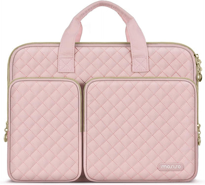 MOSISO 360 Protective Laptop Case 13.3 inch, 13-13.3 inch Laptop Sleeve Compatible with MacBook Air/Pro 13/Pro 14,HP Dell ASUS Lenovo, Square Quilted Bag Cover with 2 Pockets&Handle&Belt, Chalk Pink