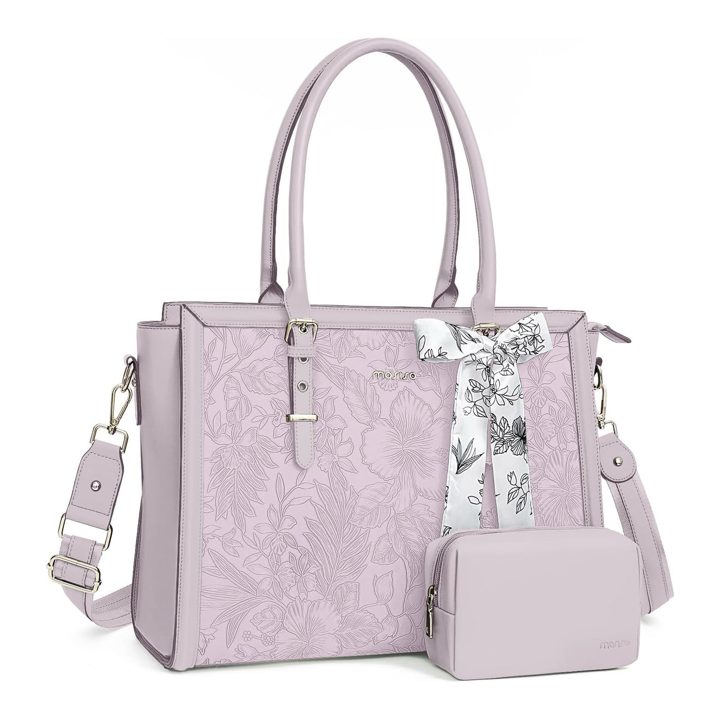 MOSISO Laptop Bag for Women, PU Leather Tote Bag, Front Embossed Retro Hibiscus Computer Bags with Silk Scarf&Clutch Purse