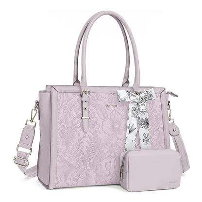 MOSISO Laptop Bag for Women, PU Leather Tote Bag, Front Embossed Retro Hibiscus Computer Bags with Silk Scarf&Clutch Purse