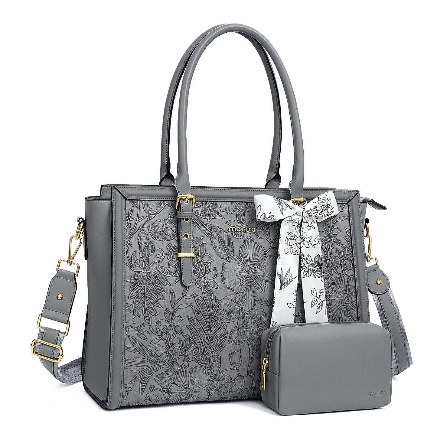 MOSISO Laptop Bag for Women, PU Leather Tote Bag, Front Embossed Retro Hibiscus Computer Bags with Silk Scarf&Clutch Purse