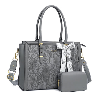 MOSISO Laptop Bag for Women, PU Leather Tote Bag, Front Embossed Retro Hibiscus Computer Bags with Silk Scarf&Clutch Purse