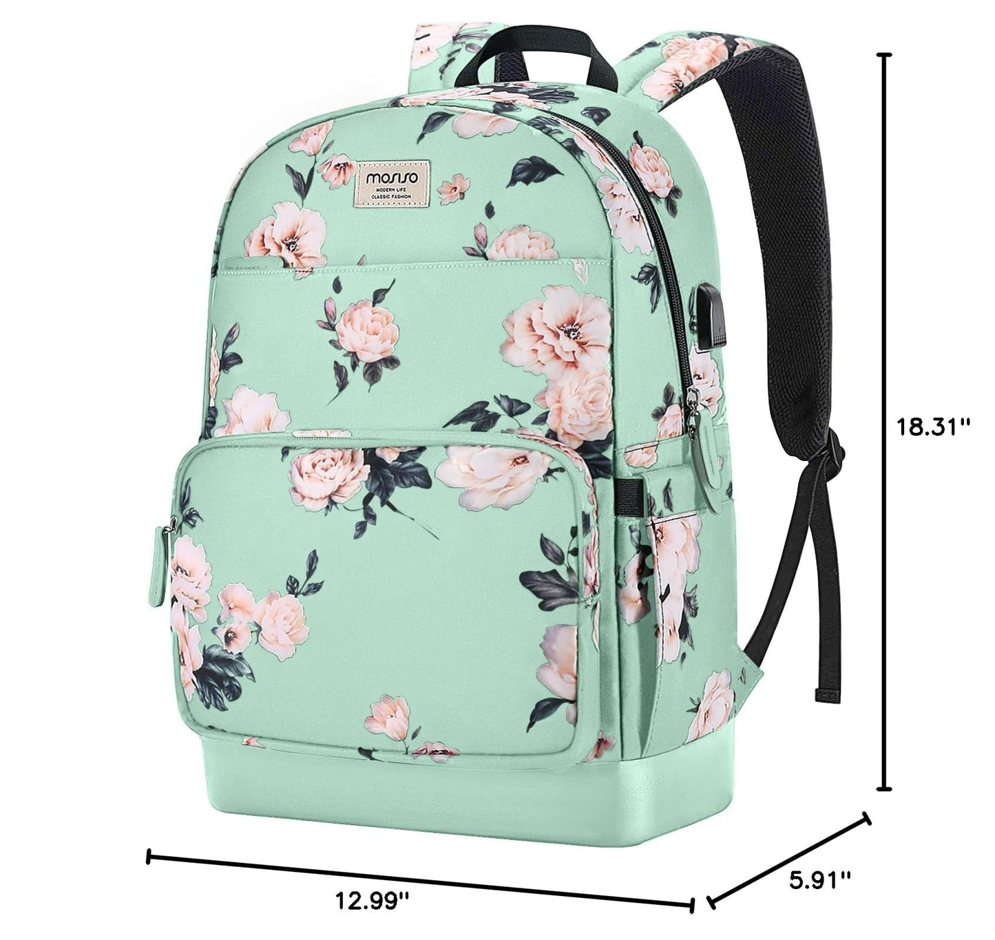 MOSISO 15.6-16 inch Laptop Backpack for Women, Polyester Anti-Theft Stylish Casual Daypack Bag with Luggage Strap & USB Charging Port, Camellia Travel Backpack, Green iMosiso