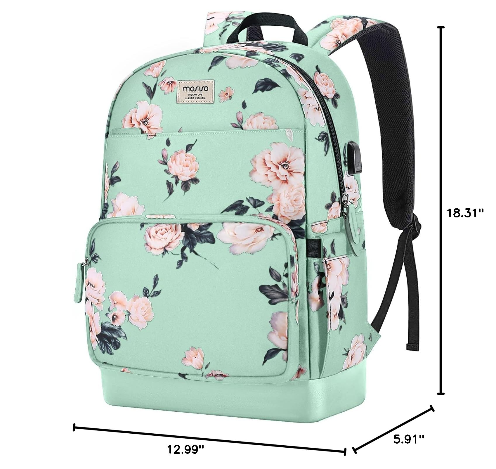 MOSISO 15.6-16 inch Laptop Backpack for Women, Polyester Anti-Theft Stylish Casual Daypack Bag with Luggage Strap & USB Charging Port, Camellia Travel Backpack, Green iMosiso