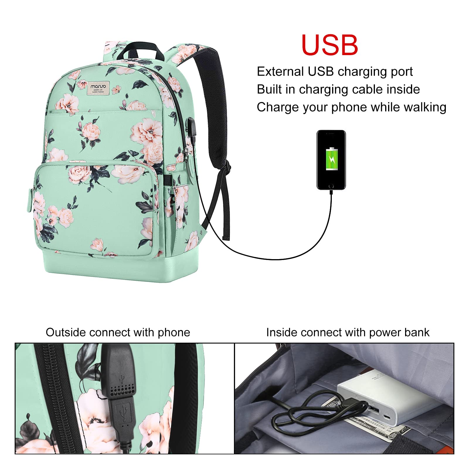 MOSISO 15.6-16 inch Laptop Backpack for Women, Polyester Anti-Theft Stylish Casual Daypack Bag with Luggage Strap & USB Charging Port, Camellia Travel Backpack, Green iMosiso