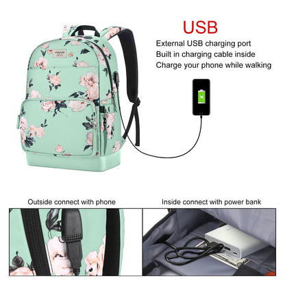 MOSISO 15.6-16 inch Laptop Backpack for Women, Polyester Anti-Theft Stylish Casual Daypack Bag with Luggage Strap & USB Charging Port, Camellia Travel Backpack, Green iMosiso
