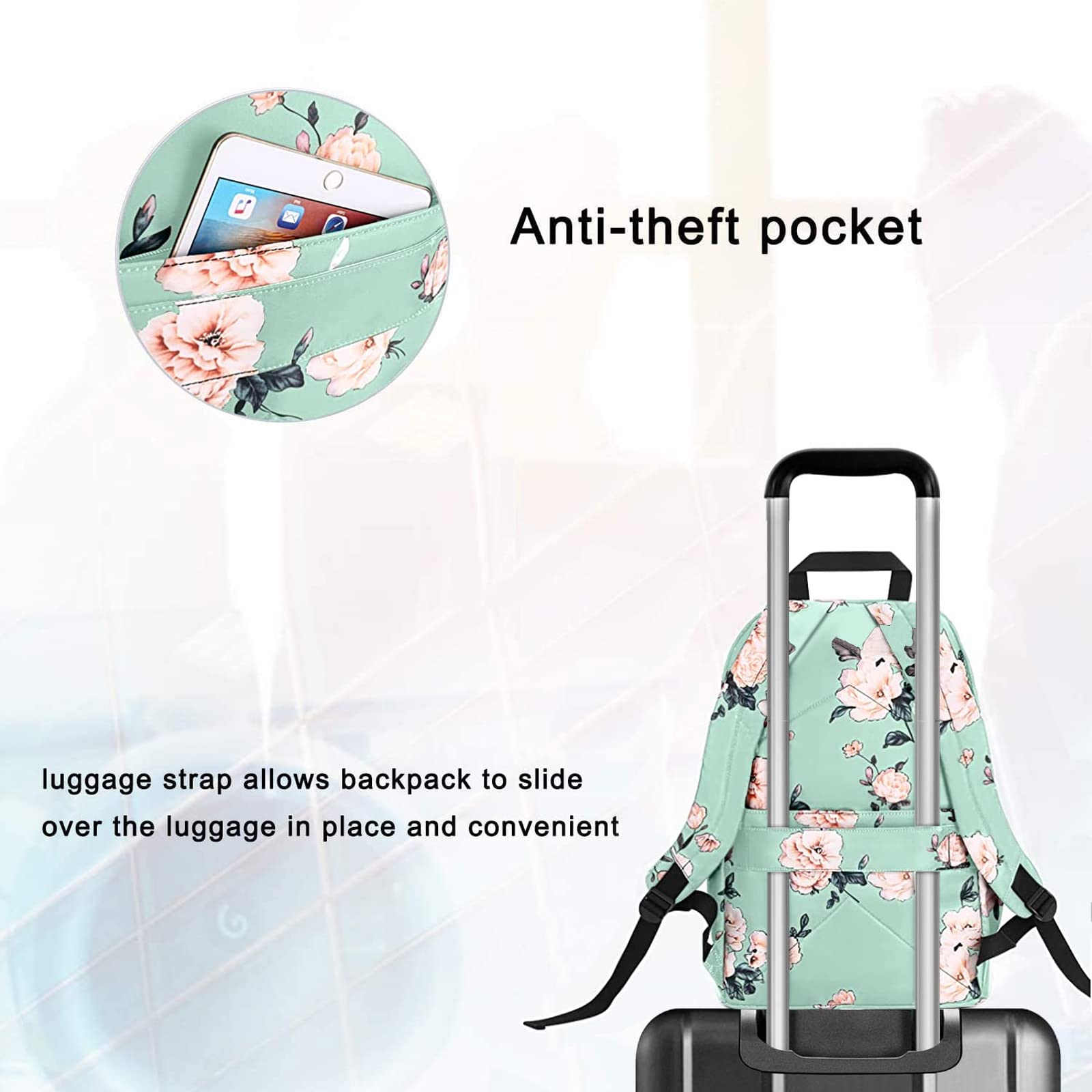 MOSISO 15.6-16 inch Laptop Backpack for Women, Polyester Anti-Theft Stylish Casual Daypack Bag with Luggage Strap & USB Charging Port, Camellia Travel Backpack, Green iMosiso