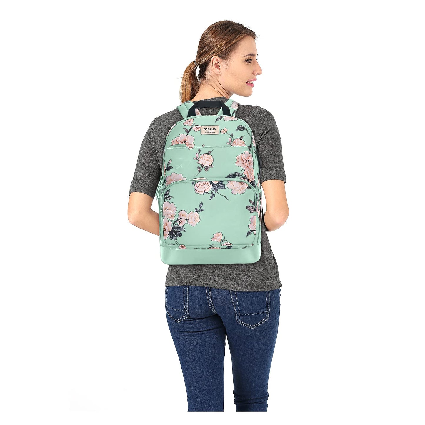 MOSISO 15.6-16 inch Laptop Backpack for Women, Polyester Anti-Theft Stylish Casual Daypack Bag with Luggage Strap & USB Charging Port, Camellia Travel Backpack, Green iMosiso