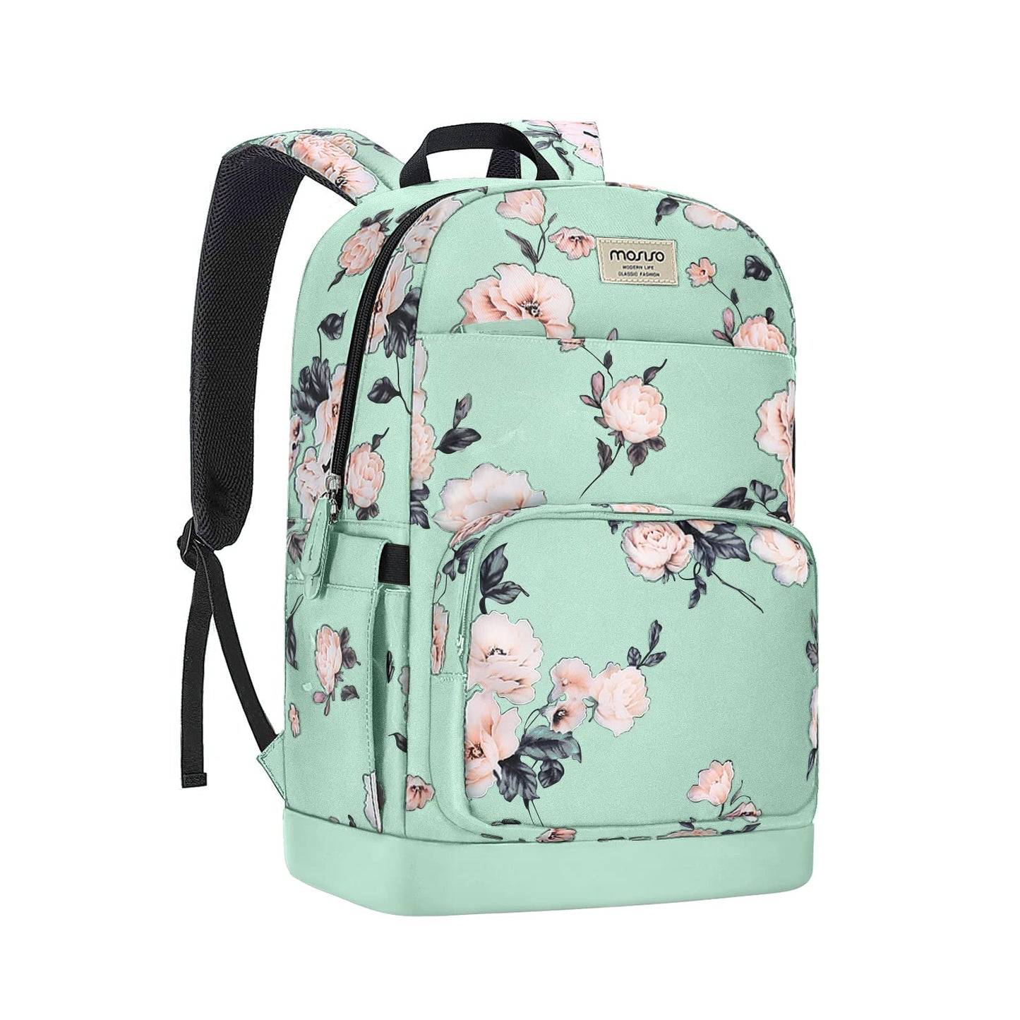 MOSISO 15.6-16 inch Laptop Backpack for Women, Polyester Anti-Theft Stylish Casual Daypack Bag with Luggage Strap & USB Charging Port, Camellia Travel Backpack, Green iMosiso