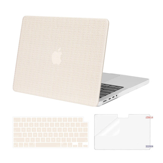 MOSISO Compatible with MacBook Pro 14 inch Case 2025-2021 M4 M3 M2 M1 A3112 A3185 A3401 A2918 A2992 A2779 A2442 Pro Max, Woven Grid PU Leather Coated Plastic Hard Case&Keyboard Cover&Screen Film,Beige