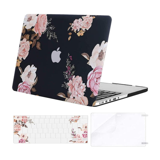 MOSISO Compatible with MacBook Pro 15 inch Case with Retina Display (Model: A1398, Older Version, 2015 - end 2012 Release), Plastic Peony Hard Shell Case & Keyboard Cover & Screen Protector, Black