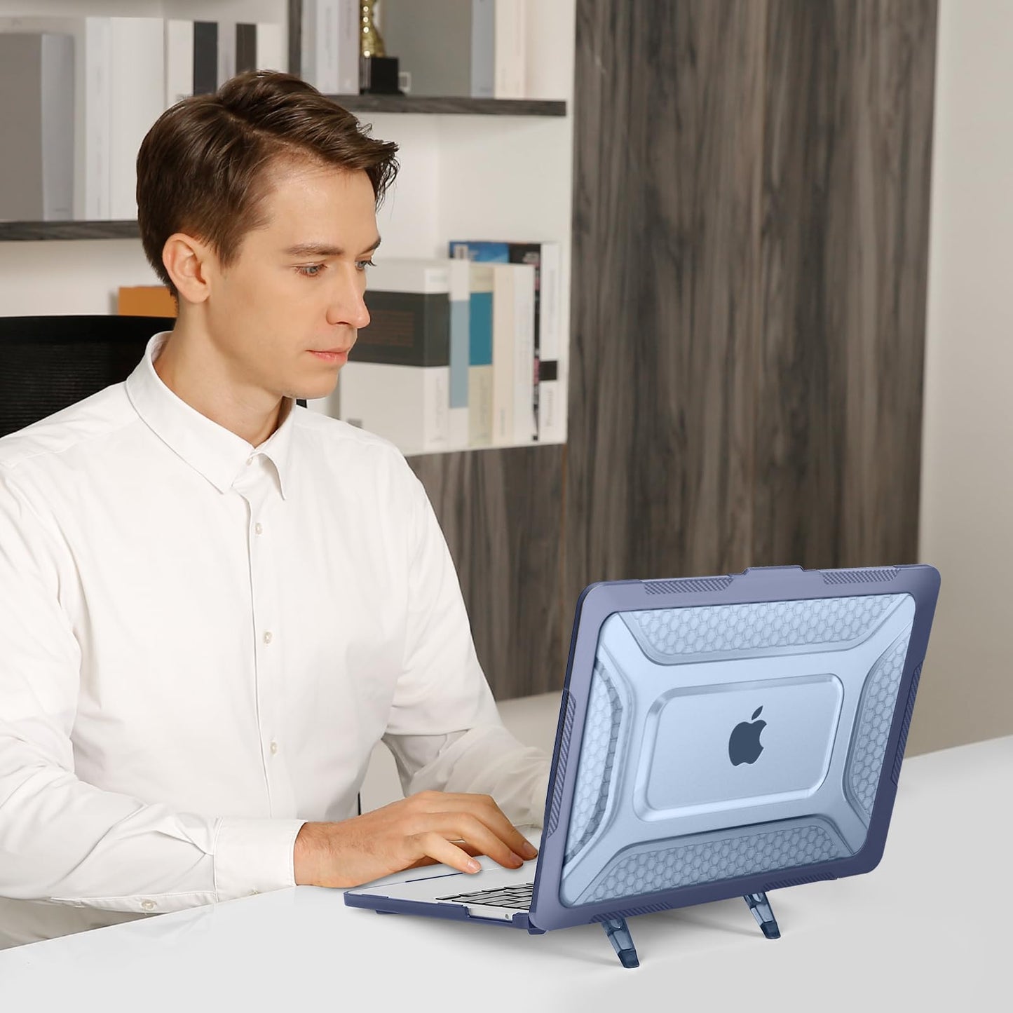 MOSISO Compatible with MacBook Pro 13 inch Case M2 2025-2016 A2338 M1 A2251 A2289 A2159 A1989 A1708 A1706,Honeycomb Heavy Duty TPU Bumper Plastic Hard Case with Fold Kickstand&Keyboard Cover,Navy Blue