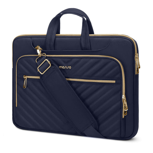 MOSISO 360 Protective Laptop Shoulder Bag,13-15.6 inch Computer Bag Compatible with MacBook Pro 14-16, HP, Dell, Asus Notebook,Messenger Briefcase with Front Quilted Raised Horizontal Pockets, Black iMosiso