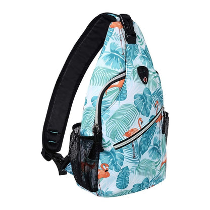 MOSISO Tropical Flamingo Leaf Pattern Sling Backpack, Waterproof Polyester Unisex Crossbody Chest Daypack with Anti-Theft Pocket & Dual Mesh Side Pockets, Fits 11 Inch Tablet for Hiking Beach Travel