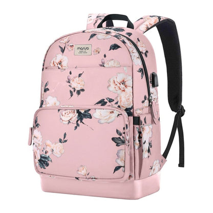 MOSISO 15.6-16 inch Laptop Backpack for Women, Polyester Anti-Theft Stylish Casual Daypack Bag with Luggage Strap & USB Charging Port, Camellia Travel Backpack