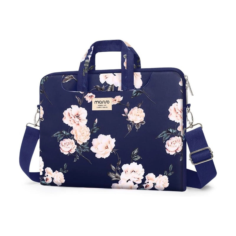 MOSISO Laptop Shoulder Bag Compatible with MacBook Air 15 inch M3 M2/Pro 16 M4 M3 M2 M1 2025-2019,15-15.6 inch Notebook, Camellia Carrying Sleeve with Belt, Blue
