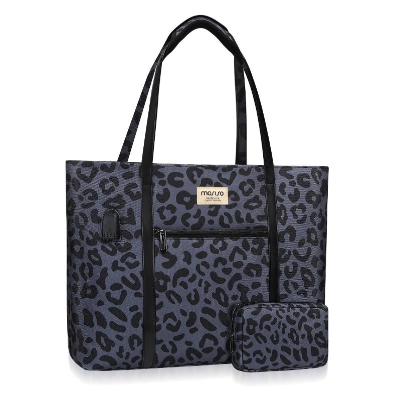 MOSISO USB Charging Port Laptop Bags for Women, Compatible with MacBook, 17-17.3 inch Notebook and Chromebook, Leopard Grain Work Tote Bag Travel Handbag Business Computer Bag with Small Purse, Black