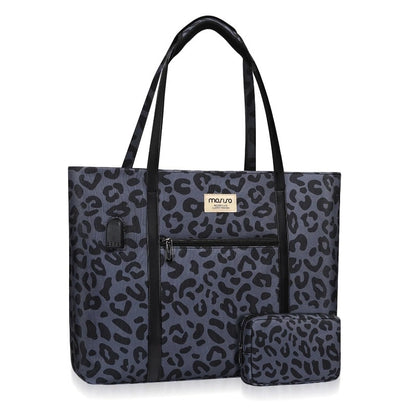 MOSISO USB Charging Port Laptop Bags for Women, Compatible with MacBook, 17-17.3 inch Notebook and Chromebook, Leopard Grain Work Tote Bag Travel Handbag Business Computer Bag with Small Purse, Black