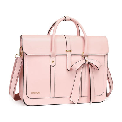 MOSISO Laptop Bag for Women,14 16 17.3 inch PU Leather Laptop Shoulder Bags Convertible Backpack, 16 inch Messenger Bags Casual Handbag Work Briefcase Travel Computer Bag with Bowknot, Pink