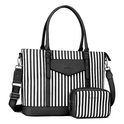 MOSISO Laptop Tote Bag for Women Compatible with MacBook Pro 16-17.3 inch,16/17.3 inch Notebook, Waterproof Vertical Stripe PU Leather Travel Computer Bag with Envelope Pocket & Small Purse, Black