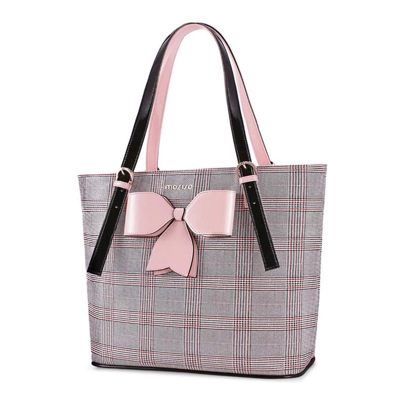 MOSISO Laptop Bag for Women Compatible with MacBook Air 13/15 inch M2 A2941 2023/Pro 16 inch M3 M2 M1 2023-2019, PU Leather Large Capacity Travel Briefcase with Bowknot Grid MO-GID001GYPK