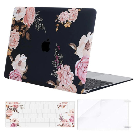 MOSISO Compatible with MacBook 12 inch Case with Retina Display (Model A1534, Release 2017 2016 2015), Plastic Peony Hard Shell Case & Keyboard Cover & Screen Protector, Black