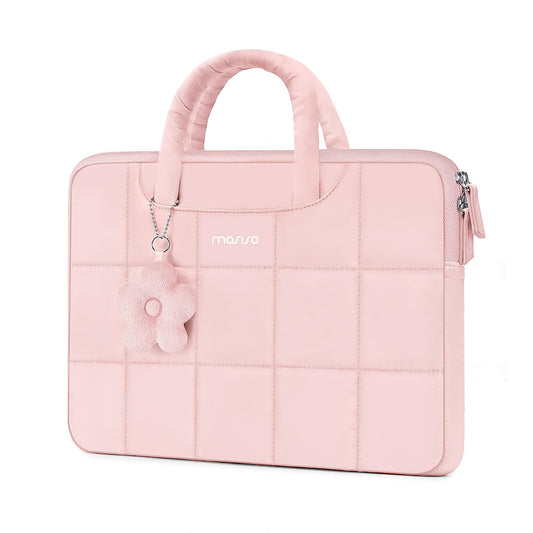 MOSISO 13-16 inch Laptop Case, Puffy Sleeve for MacBook Air/Pro | Compatible with HP Acer Dell ASUS Lenovo | Rectangle Quilted Computer Bag | with Handle & Flower Pendant | Sand Color