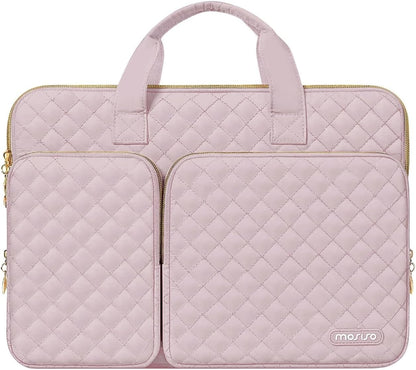 MOSISO 360 Protective Laptop Case 13.3 inch, 13-13.3 inch Laptop Sleeve Compatible with MacBook Air/Pro 13/Pro 14,HP Dell ASUS Lenovo, Square Quilted Bag Cover with 2 Pockets&Handle&Belt, Chalk Pink