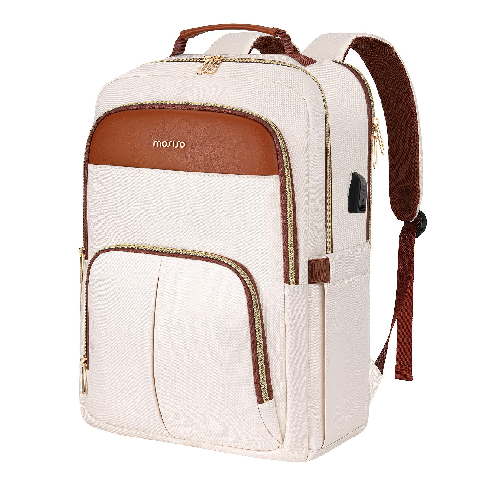 MOSISO Laptop Backpack for Women, 15.6 inch Laptop Bag with USB Charging Port&Front Pocket, Carry on Computer Bag Travel Backpack Casual Daypack for Office College Work Business, Beige iMosiso