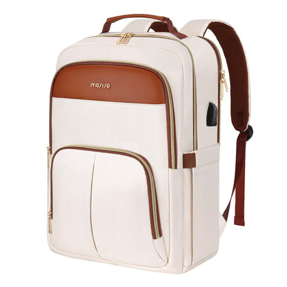 MOSISO Laptop Backpack for Women, 15.6 inch Laptop Bag with USB Charging Port&Front Pocket, Carry on Computer Bag Travel Backpack Casual Daypack for Office College Work Business, Beige iMosiso