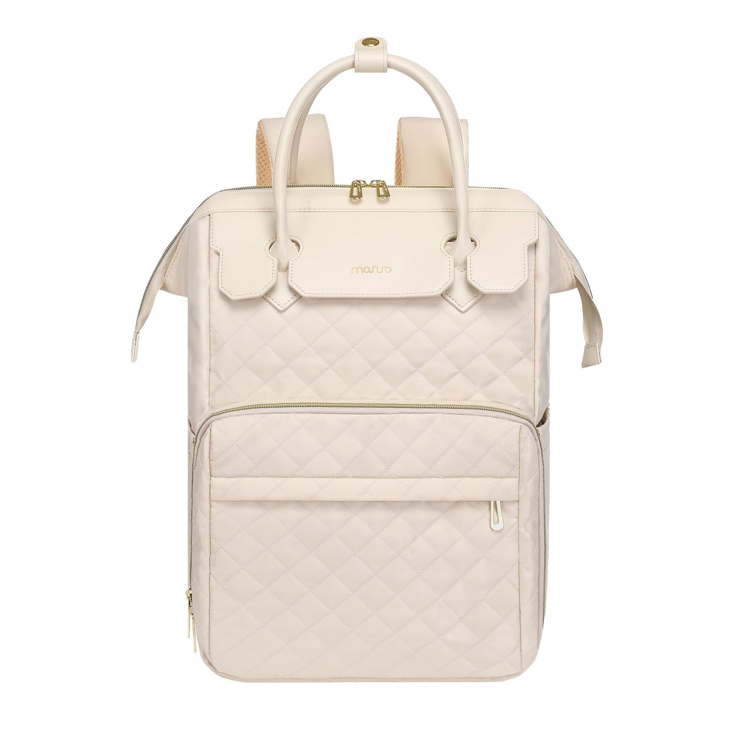 MOSISO Laptop Backpack for Women Men, 15-15.6 inch Rhombus Quilted Flight Approved Travel Backpack with PU Handle, 16 inch Carry on Daypack with USB Port for College Work Business, Beige iMosiso