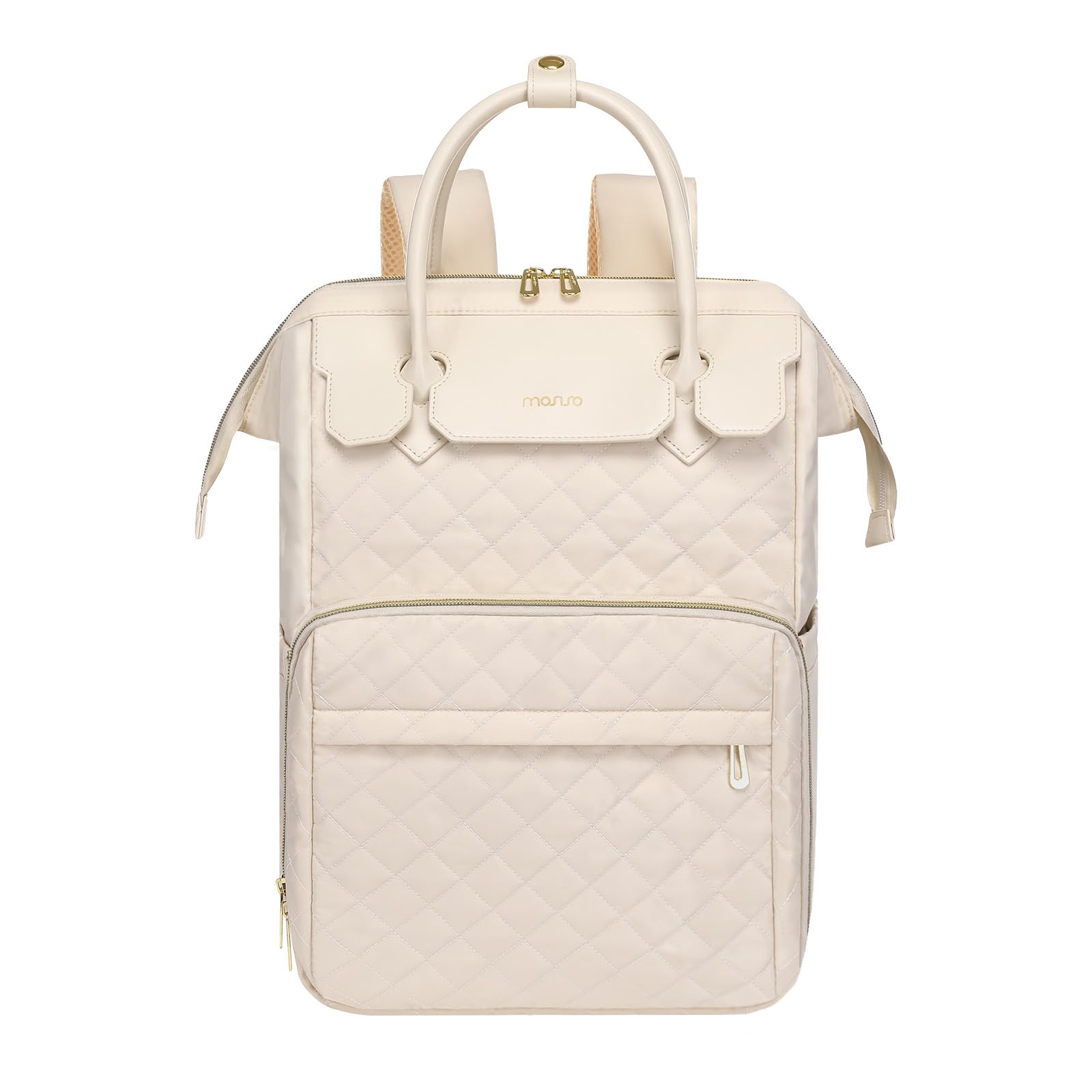 MOSISO Laptop Backpack for Women Men, 15-15.6 inch Rhombus Quilted Flight Approved Travel Backpack with PU Handle, 16 inch Carry on Daypack with USB Port for College Work Business, Beige iMosiso