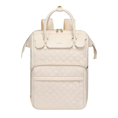 MOSISO Laptop Backpack for Women Men, 15-15.6 inch Rhombus Quilted Flight Approved Travel Backpack with PU Handle, 16 inch Carry on Daypack with USB Port for College Work Business, Beige iMosiso