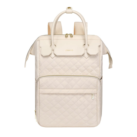 MOSISO Laptop Backpack for Women Men, 15-15.6 inch Rhombus Quilted Flight Approved Travel Backpack with PU Handle, 16 inch Carry on Daypack with USB Port for College Work Business, Beige iMosiso